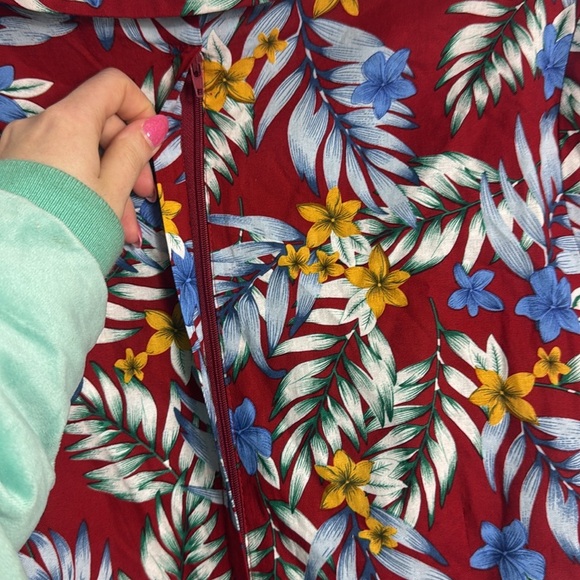 Royal Monk Red Tropical Print Floral Tie Front V Neck Midi Dress Size Large - Picture 10 of 13